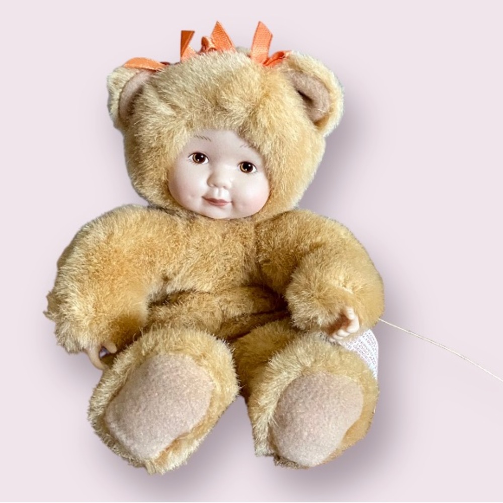 Vintage Anne Geddes Baby Bear Miniature Plush with Orange Bows